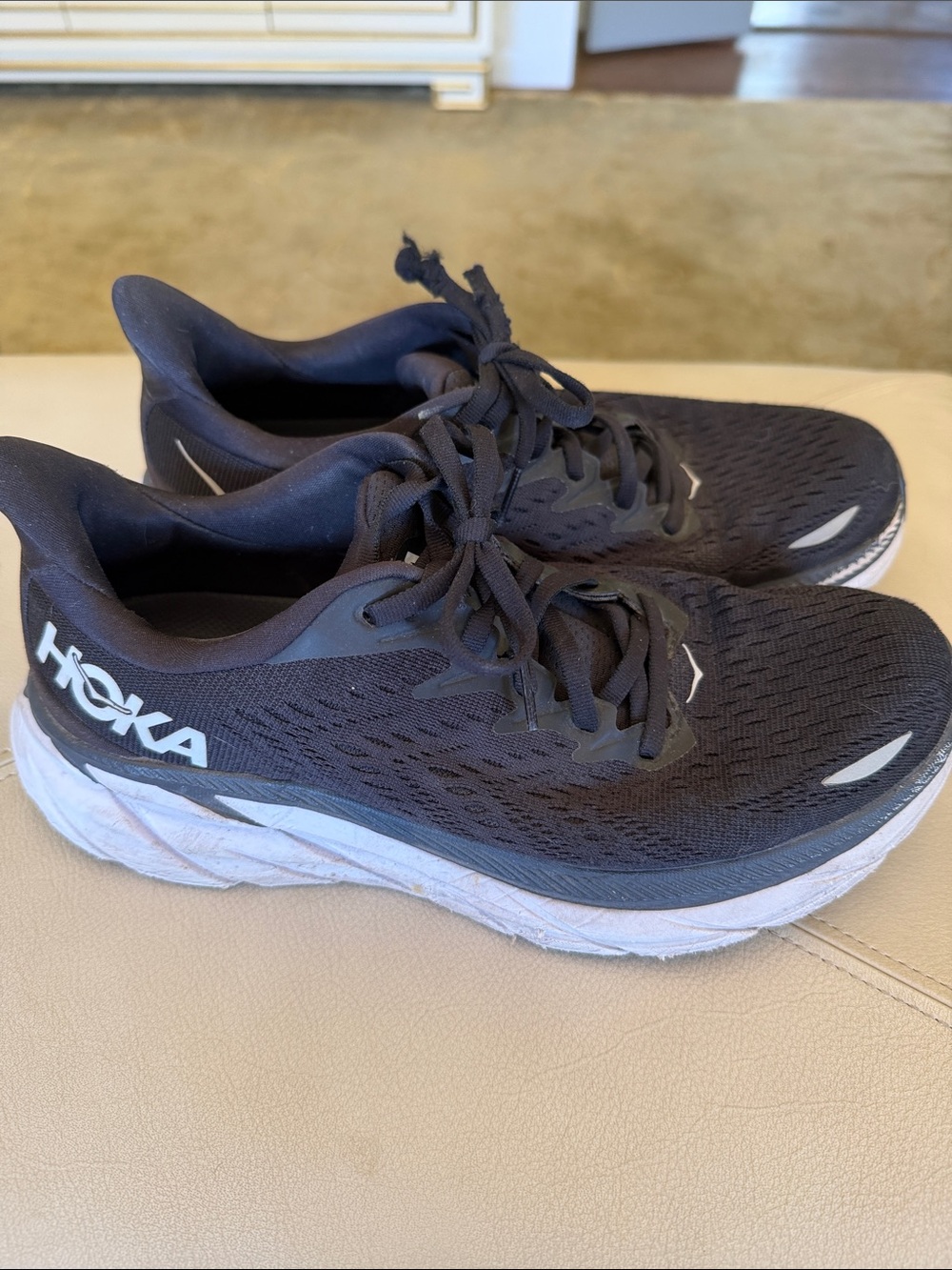 Hoka Black and White Clifton 8 Cushion Running and Athletic Shoes